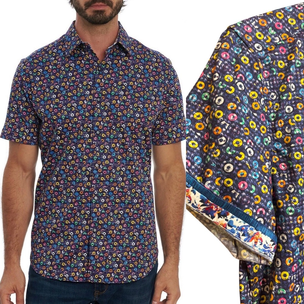 Robert Graham Navy Spin Me Round CD Classic Fit Stretch S/S Button Down Shirt- L